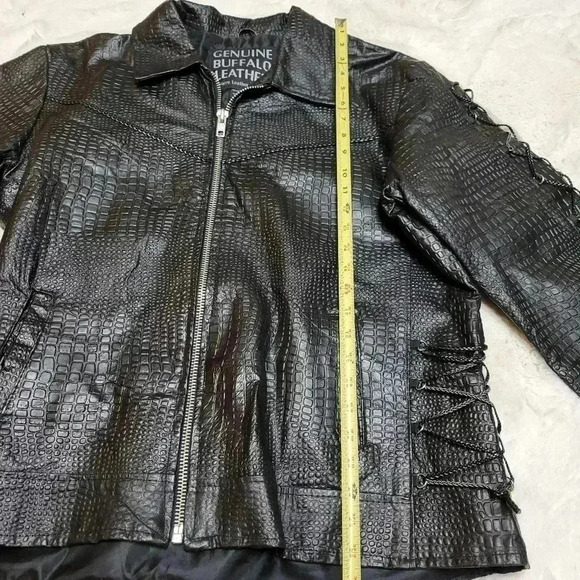 Navarre Croc Embossed Black Buffalo Leather Embroidered Rose Moto Jacket Biker - Picture 9 of 10